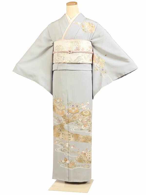 レンタル 訪問着 身長：155～165cm 正絹 グレー系 着物 母親 結婚式 入学式 卒業式 お宮参り 七五三 h-1079