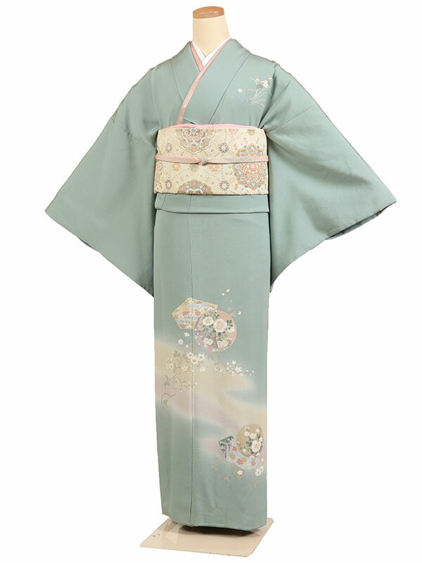 レンタル 訪問着 身長：155～165cm 正絹 薄緑系 色紙に四季花 着物 母親 結婚式 入学式 卒業式 お宮参り 七五三 h-1087