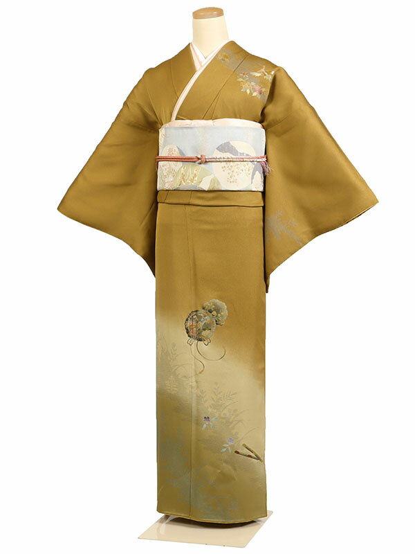 レンタル 訪問着 身長：150～160cm 正絹 からし系 鏡面 着物 母親 結婚式 入学式 卒業式 お宮参り 七五三 h-1108