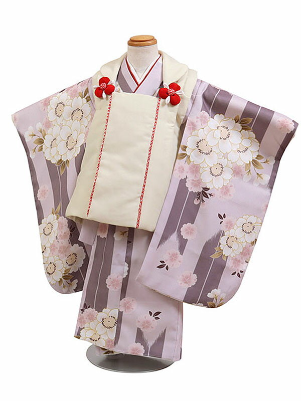 【レンタル】【七五三着物レンタル 3才女児クリーム系×紫系 矢絣 桜 七五三 被布着物 3歳 被布セット 753 ひな祭り 貸衣装 子供 レンタル 女の子3歳被...