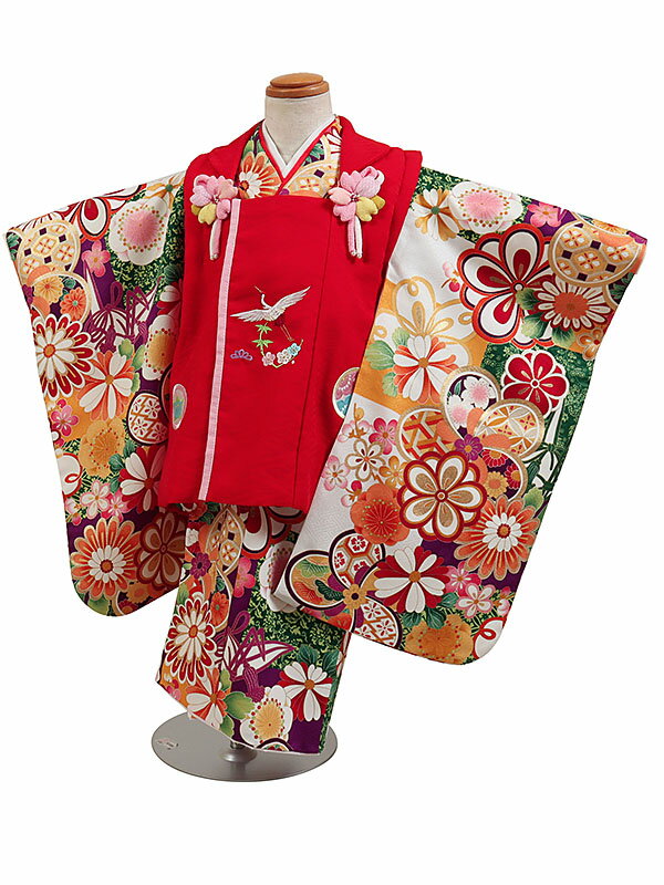 【レンタル】【七五三着物レンタル 3才女児赤系×白系 四季花 七五三 被布着物 3歳 被布セット 753 ひな祭り 貸衣装 子供 レンタル 女の子3歳被布セット...