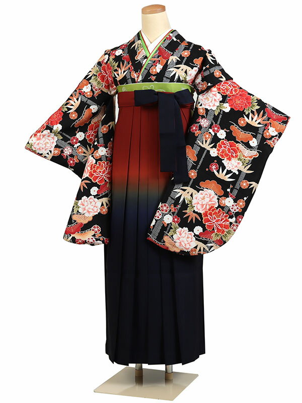 【レンタル】【卒業式袴 黒・四季花×赤紺ぼかし袴】卒業式 袴 レンタル 卒業袴 女袴 卒業式袴セット 大学生 短大 教員 先生 二尺袖袴フルセット 専門学生 謝恩会 高校 文化祭 個性 おしゃれ 被らない 往復送料無料 n666