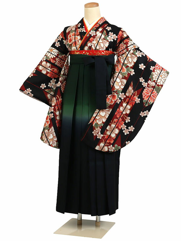 【レンタル】【卒業式袴 黒系・桜花×緑黒ぼかし袴】卒業式 袴 レンタル 卒業袴 女袴 卒業式袴セット 大学生 短大 教員 先生 二尺袖袴フルセット 専門学生 謝恩会 高校 文化祭 個性 おしゃれ 被らない 往復送料無料 n681