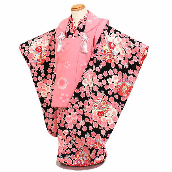 【レンタル】【七五三・3才女児】ブランド『花夢二』ピンク/黒地|七五三|被布着物|3歳|被布セット|753|貸衣装|子供|レンタル|女の子|3歳被布セット|安い...