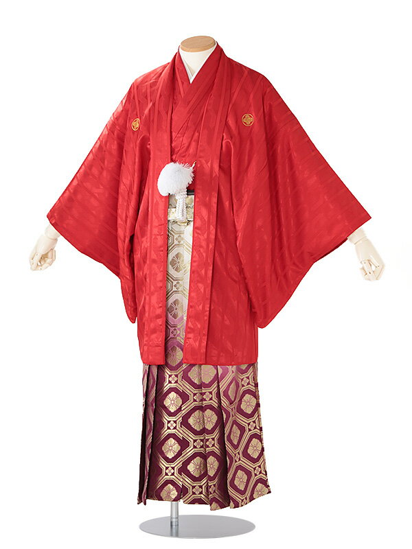 【成人式 】 レンタル 紋付袴 身長:160〜165cm 赤系 × 天井格子/白紫ぼかし 袴 フルセット 男性 紋付 mt-0099s