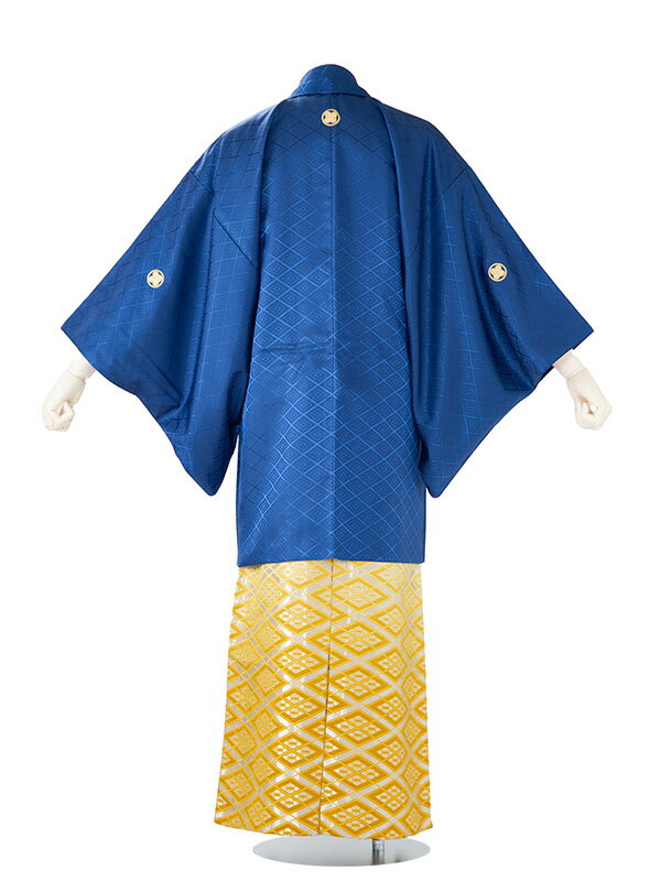 【成人式 】 レンタル 紋付袴 身長：165〜170cm 紺系 × 割菱/白黄ぼかし 袴 フルセット 男性 紋付 mt-0118s