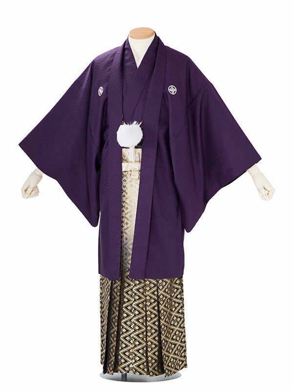 【成人式 】 レンタル 紋付袴 身長:170〜175cm 紫系 × 花菱/白黒ぼかし 袴 フルセット 男性 紋付 mt-0139s