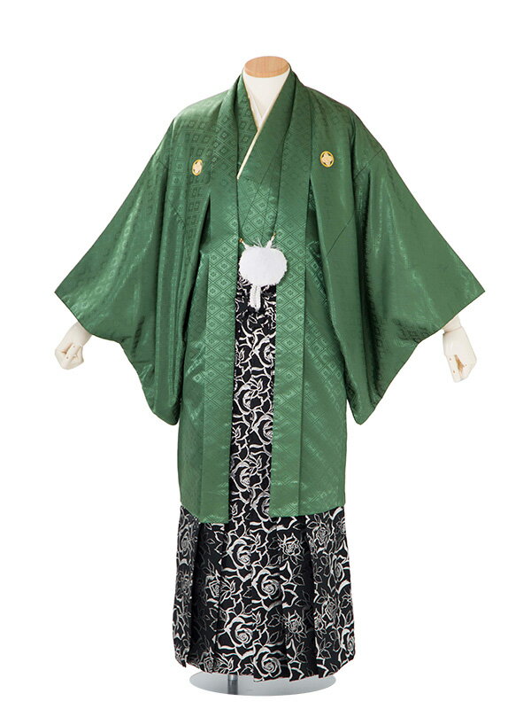 【成人式 】 レンタル 紋付袴 身長:175〜180cm 緑系 × バラ/黒 袴 フルセット 男性 紋付 mt-0146s