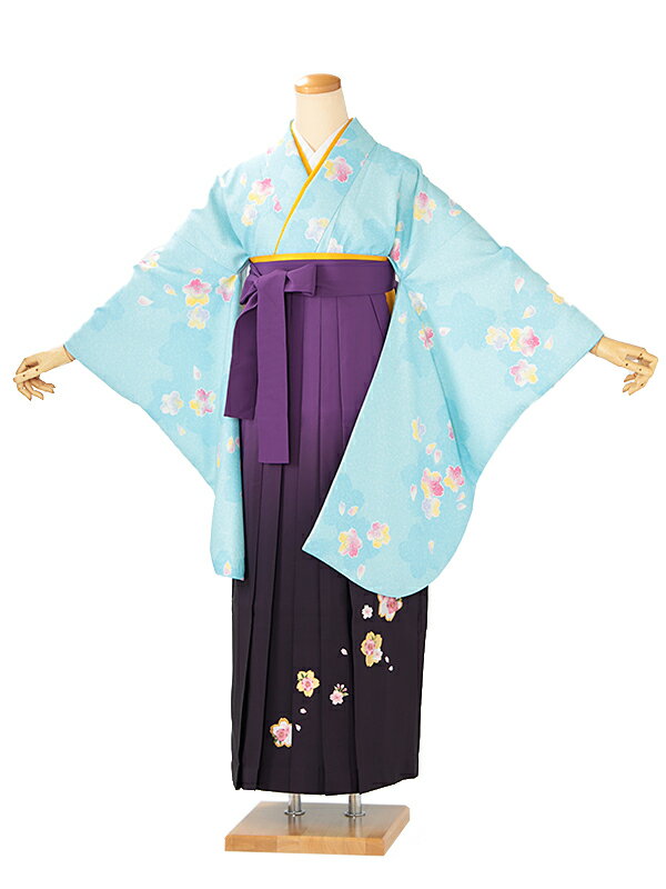 レンタル 卒業袴 身長:158〜163cm 水色系 着物 × 刺繍 紫ぼかし 袴 女性 二尺袖 女袴 卒業式 n-0694