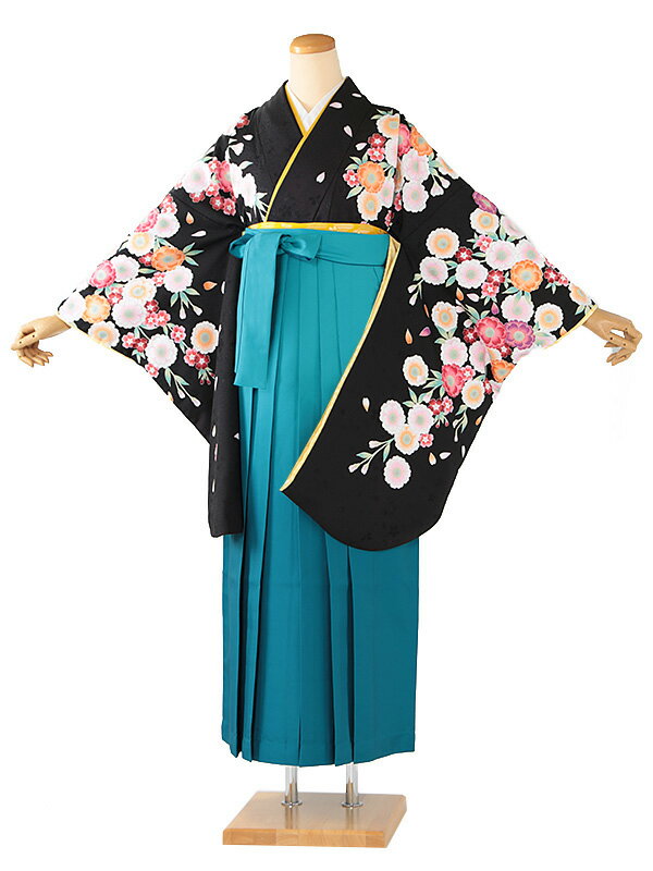 レンタル 卒業袴 身長：158〜163cm 黒系 着物 × 水色ぼかし 袴 女性 二尺袖 女袴 卒業式 n-0707