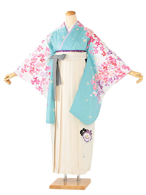 レンタル 卒業袴 身長:163〜168cm 水色系 着物 × 刺繍 アイボリー 袴 女性 二尺袖 女袴 卒業式 n-0742