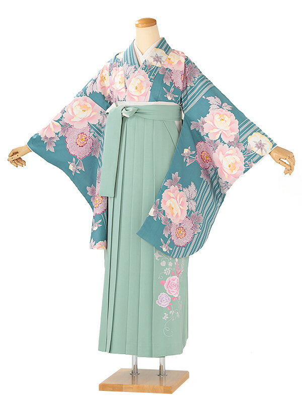 レンタル 卒業袴 身長:158〜163cm 青緑系 着物 × 刺繍 エメラルドグリーン 袴 女性 二尺袖 女袴 卒業式 n-0746