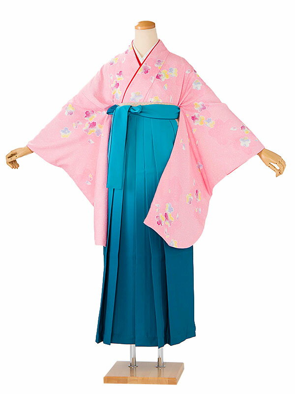 レンタル 卒業袴 身長：158〜163cm ピンク系 着物 × 水色ぼかし 袴 女性 二尺袖 女袴 卒業式 n-0804