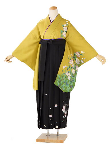 レンタル 卒業袴 身長:158〜163cm 黄系 着物 × 刺繍 黒 袴 女性 二尺袖 女袴 卒業式 n-0829 レンタル 卒業袴 身長:158〜163cm 黄系 着物 × 刺繍 黒 袴 女性 二尺袖 女袴 卒業式 n-0829