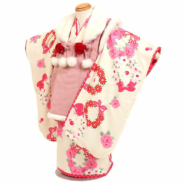 【レンタル】【七五三・3才女児】ブランド『Seiko Matsuda』クリーム/ピンク地|七五三|被布着物|3歳|被布セット|753|貸衣装|子供|レンタル|女...