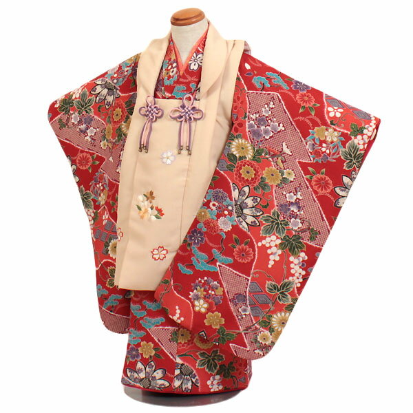 【レンタル】【七五三・3才女児】ベージュ/朱赤地|七五三|被布着物|3歳|被布セット|753|貸衣装|子供|レンタル|女の子|3歳被布セット|安い|往復送料無料