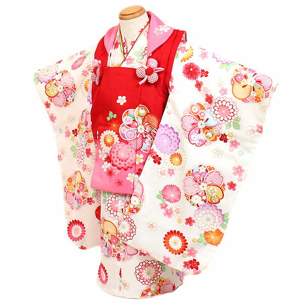 【レンタル】【七五三・3才女児】赤/白地|七五三|被布着物|3歳|被布セット|753|貸衣装|子供|レンタル|女の子|3歳被布セット|安い|往復送料無料