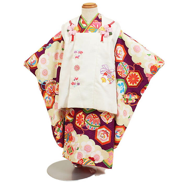 【レンタル】【七五三レンタル 3才 女の子 紫×白】ブランド『式部浪漫』七五三|被布着物|3歳|被布セット|753|貸衣装|子供|レンタル|女の子|3歳被布セッ...