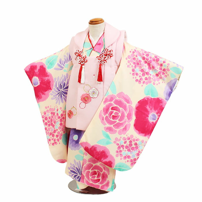 【レンタル】【七五三着物レンタル 3才女児 クリーム×ピンク】七五三 被布着物 3歳 被布セット 753 ひな祭り 貸衣装 子供 レンタル 女の子 3歳被布セッ...