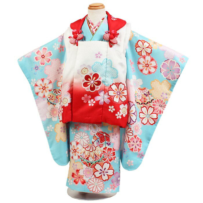 【レンタル】【七五三着物レンタル 3才女児 白赤×水色 桜鞠】七五三 被布着物 3歳 被布セット 753 ひな祭り 貸衣装 子供 レンタル 女の子 3歳被布セッ...