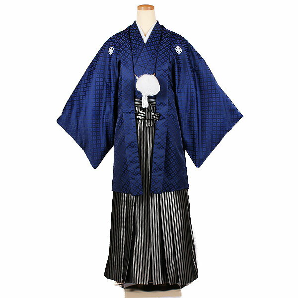 【レンタル】【成人式紋付袴 青地×縞】163cm〜168cm 紋付袴レンタル 男着物 袴 レンタル 紋付フルセット レンタル紋付 着物レンタル 貸衣装 成人式着物 男 男性用袴レンタル 二十歳 ハタチ 和服 安い 往復送料無料 メンズ mt14s