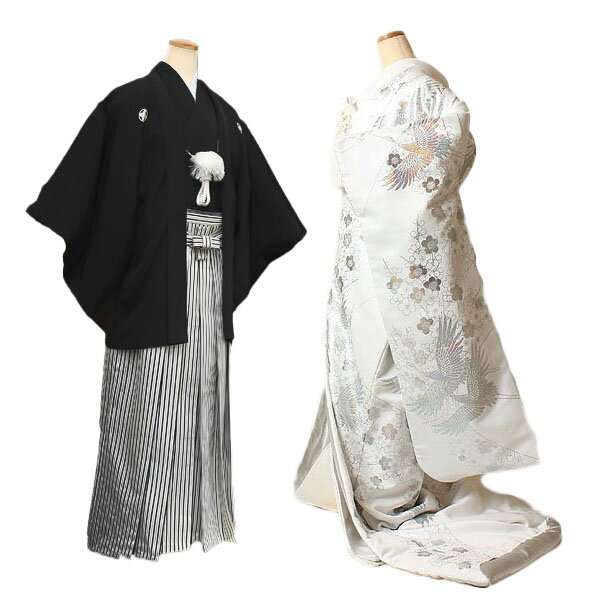 ご予約についてのお問い合わせ 着物のサイズやご予約についてご不明な点がございましたら、電話・メールにてお気軽にお問合せくださいませ。 ■TEL：0120-61-1717 ■MAIL：info@kimono-rental.net&nbsp; 　 　 　 &nbsp; 　 &nbsp; 　 　・・・・商品詳細・・・・ ▼レンタル白無垢 　動きのある柄付けがされているため、すらりとした上品な着姿となります。 　ラメが施されており、ライトアップされるとキラキラと輝き、一層華やかさの増す一品です。 　花嫁様の特別な装いにふさわしいおすすめの一品です。 ■生地：高級打掛正絹仕様 　※商品によっては光沢と張りを出すために「経正」と呼ばれる経糸だけ正絹を使った交織の白無垢もあります。 ■寸法：適応身長：155〜165cmくらい 　　　　　洋服サイズ：7号〜13号位まで / ヒップ周り：約95cm位までお召し頂けます。 ▼レンタル紋付袴 ■紋：丸に違い鷹の羽 ■表地・裏地・袴：合成繊維 　画像はイメージです。色柄は変更になる場合がございます。　 　ご身長に合うサイズのものを当店おまかせでご用意致します。 　紋付袴カテゴリに出品中の商品からもお選びいただけます。ご注文時にご希望の商品番号をご連絡ください。 ▽白無垢セット内容 　白無垢・掛下・掛下帯・長襦袢（半襟付き）・はこせこ5点セット(はこせこ・懐剣・抱帯・末広・丸ぐけ) ・帯揚げ・帯板2点・　帯枕・腰紐5点・伊達巻2点・コーリンベルト・三重仮紐・衿芯・打掛ベルト・綿帽子・草履・肌着（ワンピースタイプ）・足袋（　コハゼ付き） ▽紋付セット内容 　羽織・着物・袴・羽織紐・角帯・長襦袢（半襟付き）・末広・草履・腰紐3点・肌着・足袋（コハゼ付き） 　着付け時に必要な小物は全て揃ったセット内容です。 　レンタル規約をご確認頂いた上でのお申し込みとさせて頂いております。 　ご不明な点等ございましら御気軽にお問い合わせ下さい &nbsp;
