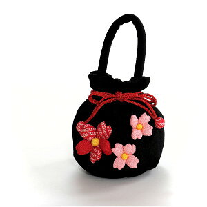七五三 巾着 単品 販売品 「黒色　お花の飾り」 桃の節句 ひな祭り 着物バッグ 巾着バッグ 和装バッグ