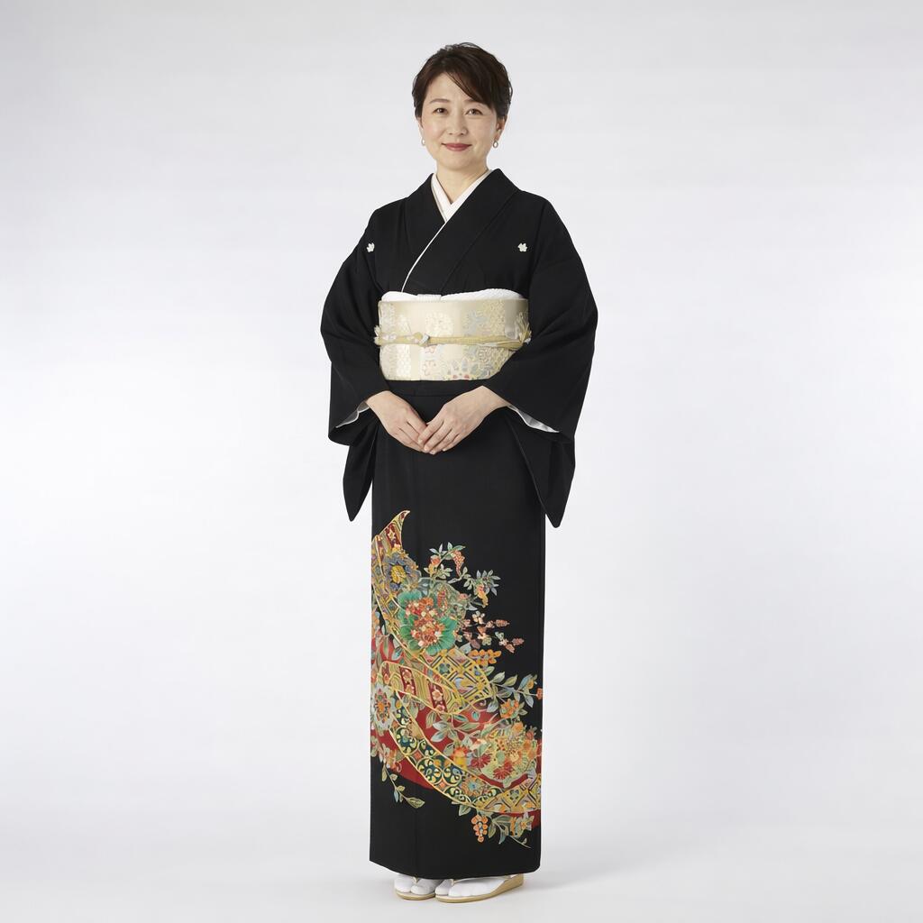 黒留袖「みやま錦」フルレンタルセット 商品番号：B-042 以下の日程はお貸し出しができません。 こちらの商品は「何着でもお家で試着無料」対象商品です。 「みやま錦」の試着を希望されるお客さまは下記の商品ページから商品番号：B-042を選択の上ご注文ください。 商品番号：【B-042】 商品名 みやま錦 商品の特徴 素材 合成繊維 着物寸法 身丈 161cm／裄 66cm／前幅 24cm／後幅 30cm ※平置き採寸のため、多少の誤差は生じることがあります。 対応目安体型 身長：155〜163cm／ヒップ：〜97cm／ 洋服サイズ：7〜11号位まで ※標準体型向け。サイズがご不安な方は事前にご相談ください。 コーディネート 留袖(着物)以外の帯や小物などはプロの見立てでコーディネートいたします。 ご要望などのあるお客様は備考欄に具体的にご記入ください。 注意事項 モニター表示と実物とは多少異なる場合があります。予めご了承下さい。 ※試着は本番前の確認用であり、外出・ご使用は不可となります。 ※試着後はそのままご返送ください。（クリーニング不要） ※希望者多数の場合、日程調整をお願いすることがあります。 お家で試着をご希望される方は、こちらの商品ページから 「商品番号B-042」を選んで、ご注文をお願いいたします。 ▼　▼　▼ ホテル・式場へのお届け・ご返却もOK！ ご注文の際、お届け先に「式場名・ご担当者名・ご住所・お電話番号」などをご入力いただき、備考欄に「ご両家名・ご着用者名」などをご入力ください。 ホテル・式場様には、下記のようにお伝えください。 ご利用時 「挙式日2日前に商品が届きます。不備があればすぐにご連絡ください。」 ご返却時 会場スタッフ様へ「ヤマト運輸の集荷手配をお願いします。」と依頼してください。 返却用のヤマト運輸の送り状はお荷物の中に同梱しております物をご利用ください。 全商品はこちら