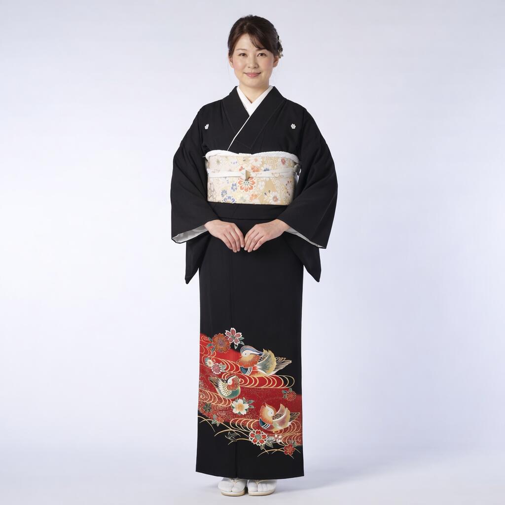 桜おしどり黒留袖結婚式母親用フルセ...