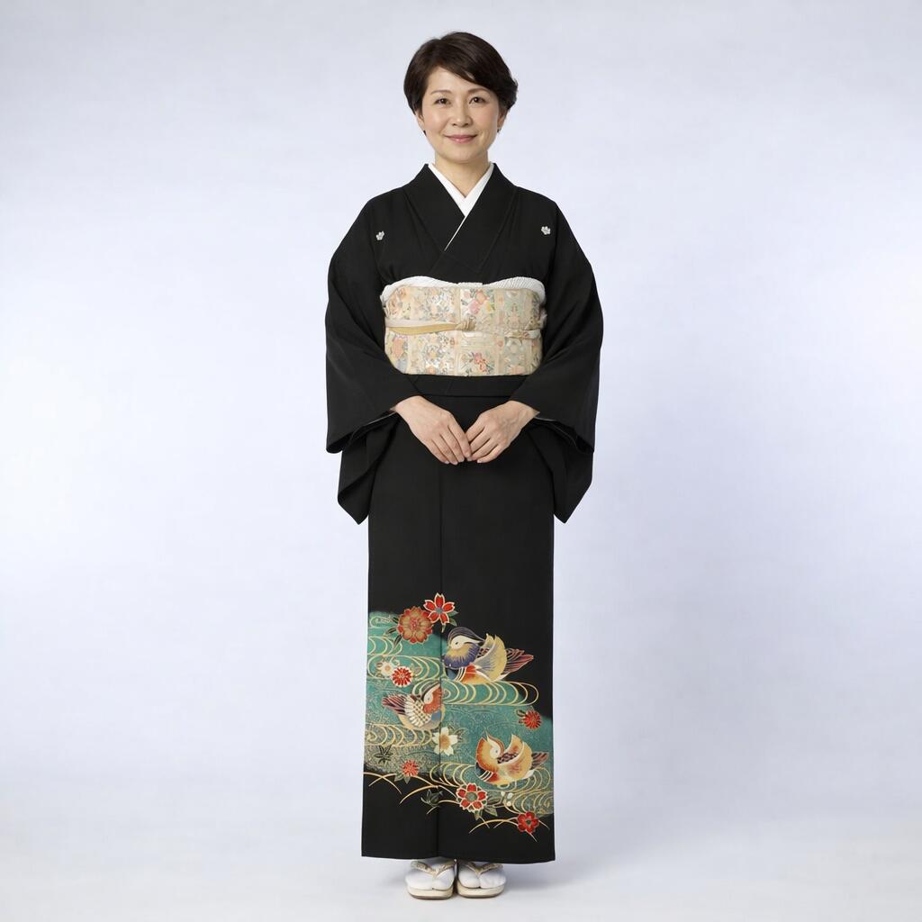 桜おしどり黒留袖結婚式母親用フルセ...