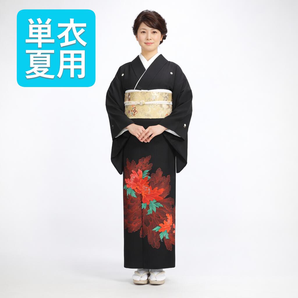 【レンタル】試着無料 黒留袖 SU001 赤しゃくやく牡丹 単衣 夏用 フルセット（草履バッグ・着付け小物付き）安心保証付き 往復送料無料 クリーニング不要 結婚式 母親用 プロへの相談無料 梅コース対象商品
