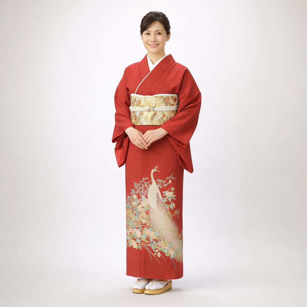 色留袖「えんじ山里孔雀」フルレンタルセット 商品番号：E-011 以下の日程はお貸し出しができません。 商品番号：【E-011】 商品名 えんじ山里孔雀 商品の特徴 紋：三つ紋 素材 合成繊維 着物寸法 身丈 165cm／裄 66cm／前幅 24cm／後幅 30cm ※平置き採寸のため、多少の誤差は生じることがあります。 対応目安体型 身長：155〜168cm／ヒップ：〜97cm／ 洋服サイズ：7〜11号位まで ※標準体型向け。サイズがご不安な方は事前にご相談ください。 コーディネート 色留袖(着物)以外の帯や小物などはプロの見立てでコーディネートいたします。 ご要望などのあるお客様は備考欄に具体的にご記入ください。 注意事項 モニター表示と実物とは多少異なる場合があります。予めご了承下さい。 ホテル・式場へのお届け・ご返却もOK！ ご注文の際、お届け先に「式場名・ご担当者名・ご住所・お電話番号」などをご入力いただき、備考欄に「ご両家名・ご着用者名」などをご入力ください。 ホテル・式場様には、下記のようにお伝えください。 ご利用時 「挙式日2日前に商品が届きます。不備があればすぐにご連絡ください。」 ご返却時 会場スタッフ様へ「ヤマト運輸の集荷手配をお願いします。」と依頼してください。 返却用のヤマト運輸の送り状はお荷物の中に同梱しております物をご利用ください。 全商品はこちら