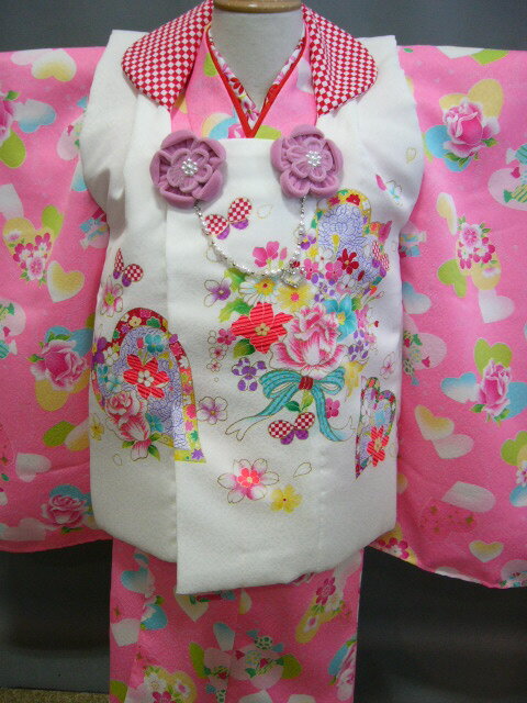 楽天 スーパーセール 送料無料 3歳子供着物 被布ときもののセット ピンク色にハート