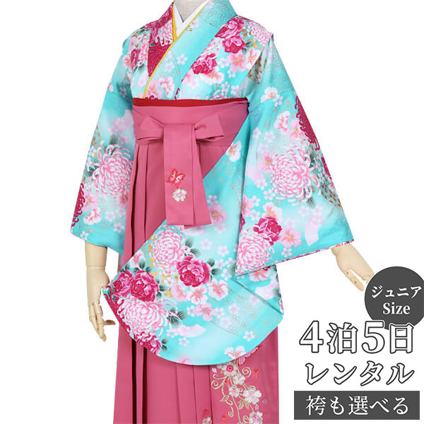 早期お届けキャンペーン【レンタル】袴 レンタル 小学生 女の子〔AG005〕水色 地紙に菊花(G560)卒業式 ジュニア 卒服 フルセット 十三参り 貸衣装 子...