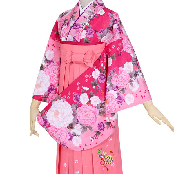 早期お届けキャンペーン【レンタル】袴 レンタル 小学生 女の子〔AG019〕ピンク　牡丹と桜(G595)(A148)卒業式 ジュニア 卒服 フルセット 十三参り 貸衣装 子供用