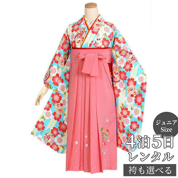 早期お届けキャンペーン【レンタル】袴 レンタル 小学生 女の子〔AG081〕水色 矢羽根に桜卒業式 ジュニア 卒服 フルセット 十三参り 貸衣装 子供用