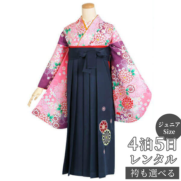 早期お届けキャンペーン【レンタル】袴 レンタル 小学生 女の子〔AG106〕ピンクぼかし 疋田桜に菊卒業式 ジュニア 卒服 フルセット 十三参り 貸衣装 子供用