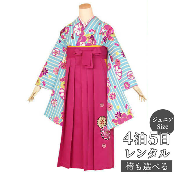 早期お届けキャンペーン【レンタル】【訳あり】九重 袴 レンタル 小学生 女の子〔AG146〕水色 縞に梅文様(A062)(G678)卒業式 ジュニア 卒服 フル...