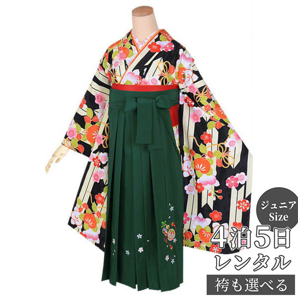 早期お届けキャンペーン【レンタル】袴 レンタル 小学生 女の子〔AG165〕黒 矢羽根に橘と梅卒業式 ジュニア 卒服 フルセット 十三参り 貸衣装 子供用
