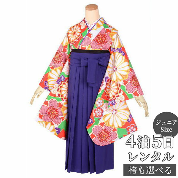 早期お届けキャンペーン【レンタル】和遊日 袴 レンタル 小学生 女の子〔AG197〕銀朱色 菊と桜にねじり梅卒業式 ジュニア 卒服 フルセット 十三参り 貸衣装...