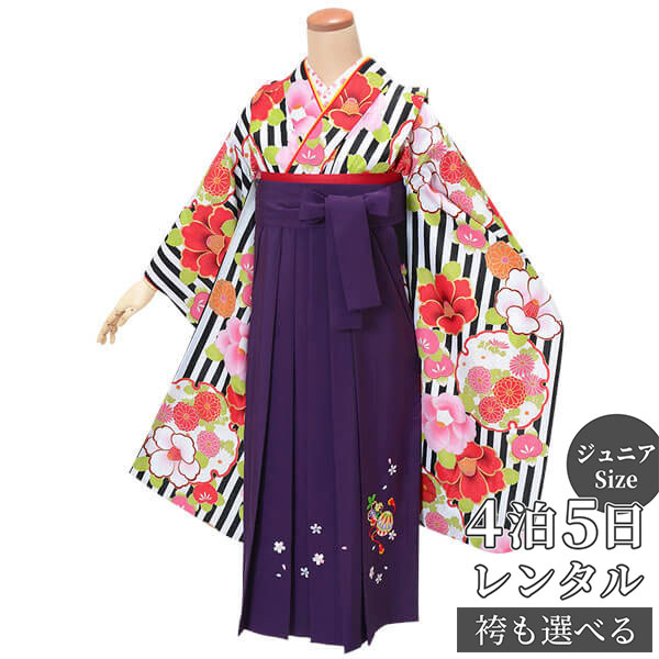 早期お届けキャンペーン【レンタル】袴 レンタル 小学生 女の子〔AG211〕黒×白 椿菊雪輪卒業式 ジュニア 卒服 フルセット 十三参り 貸衣装 子供用