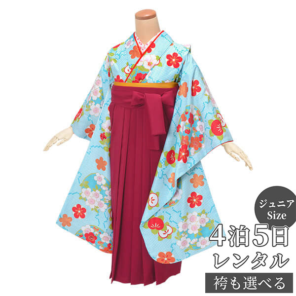 早期お届けキャンペーン【レンタル】袴 レンタル 小学生 女の子〔AG214〕水色 鹿の子柄に花の丸卒業式 ジュニア 卒服 フルセット 十三参り 貸衣装 子供用