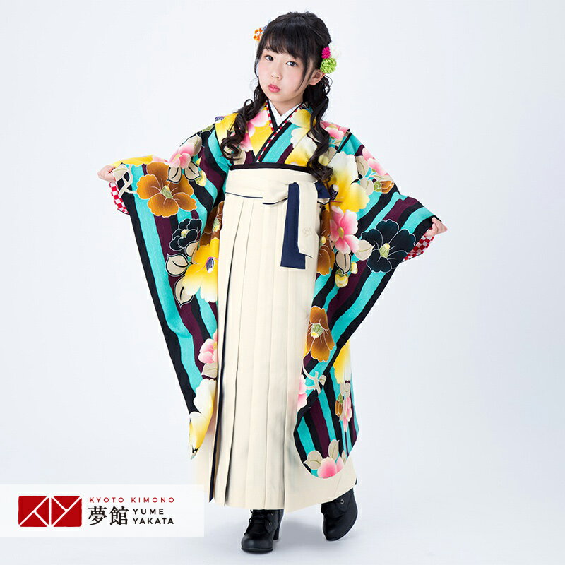 早期お届けキャンペーン【レンタル】紅一点 袴 レンタル 小学生 女の子〔AG228〕緑 縦縞椿卒業式 ジュニア 卒服 フルセット 十三参り 貸衣装 子供用