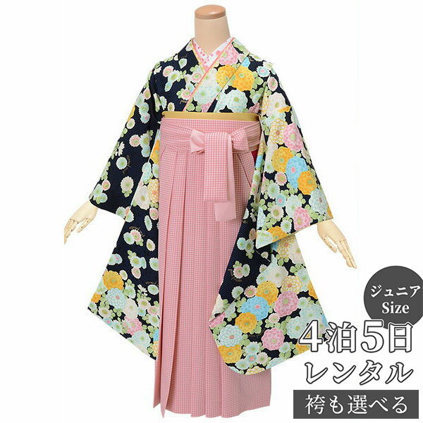 早期お届けキャンペーン【レンタル】ポンポネット 袴 レンタル 小学生 女の子〔AG230〕黒 縦縞に菊卒業式 ジュニア 卒服 フルセット 十三参り 貸衣装 子供...