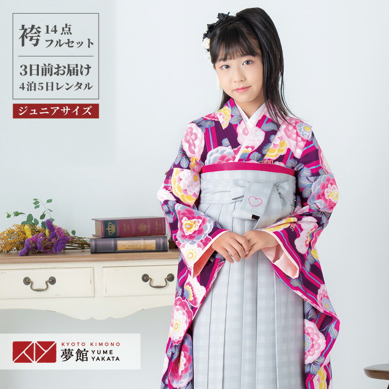 早期お届けキャンペーン【レンタル】JENNI love 袴 レンタル 小学生 女の子〔AG233〕紫×ピンク 縦縞に菊尽し卒業式 ジュニア 卒服 フルセット 十...