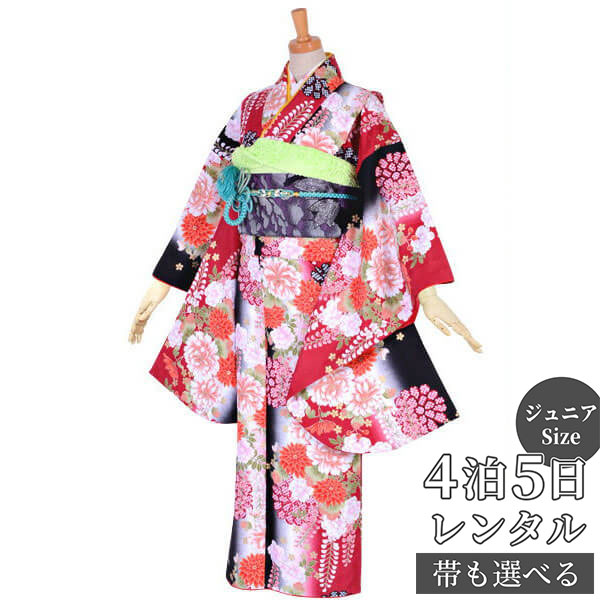 【レンタル】【訳あり】ジュニア 振袖 レンタル フルセットレンタル 赤黒 菊桜藤(A132)(宅)〔A143〕十三参り 卒業式 小学生 着物 中学生 着物 レン...