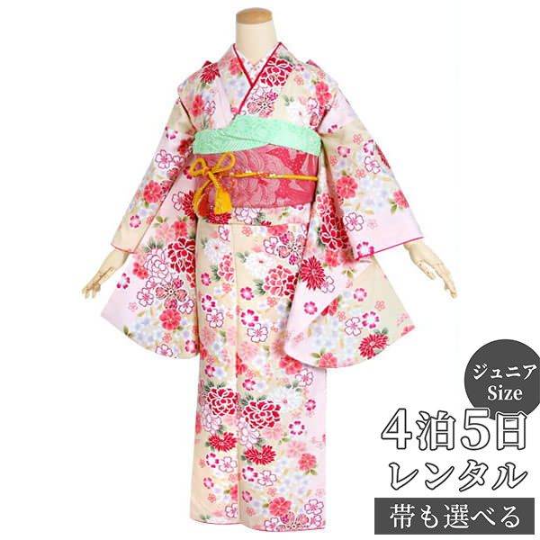 【レンタル】【訳あり】ジュニア 振袖 レンタル フルセットレンタル クリーム 牡丹に小桜(A109)(宅)〔A147〕十三参り 卒業式 小学生 着物 中学生 着...