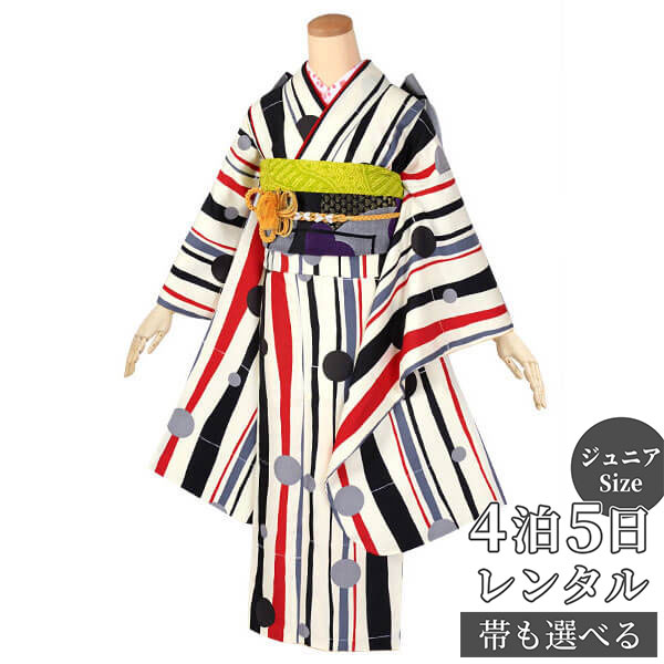 【レンタル】【訳あり】ジュニア 振袖 レンタル フルセットレンタル クリーム色×黒グレー よろけ縞に水玉(A176)〔A201〕十三参り 卒業式 小学生 着物 ...