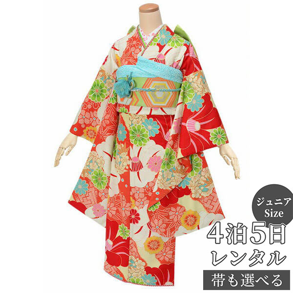 楽天京都着物レンタル夢館【レンタル】ジャパンスタイル ジュニア　振袖　レンタル フルセットレンタル 朱色　椿に菊〔A224〕十三参り 卒業式 小学生 着物 中学生 着物 レンタル着物 フルセッ ふりそで　送料無料[一部地域を除く]