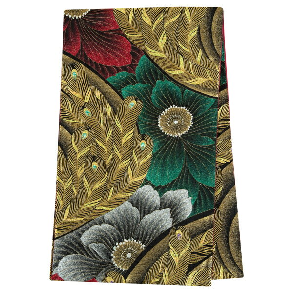 2-11月利用は11000円 【レンタル】帯 単品 レンタル 帯単品レンタル「B1016 振袖用帯　黒 孔雀羽と花 黒系」 正絹 振袖 帯 ママ振り 婚礼 貸衣装 結婚式 卒業式 振袖リメイク 帯のみ ママフリ ママ振 姉フリ